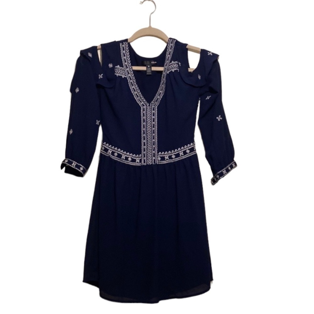 Aqua navy long sleeve embroidered mini dress. Size Xs